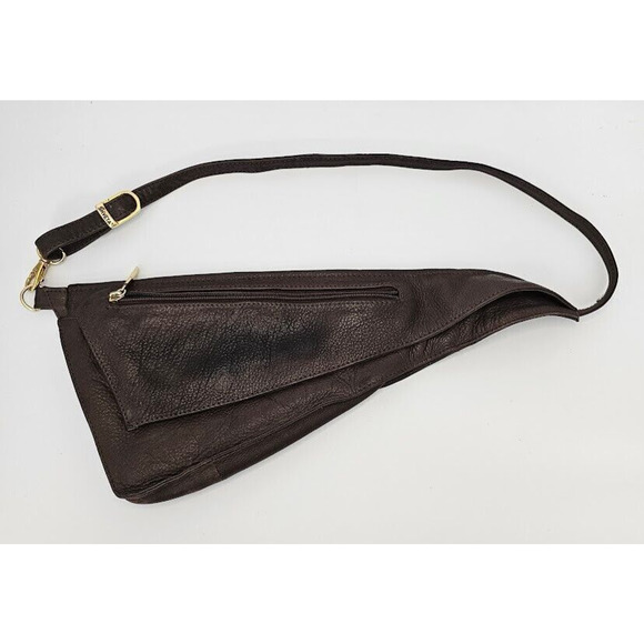 HTF Shveta Genuine Leather Cross Body Sling Bag Asymmetrical Purse Brown 14"x7" - Picture 1 of 9